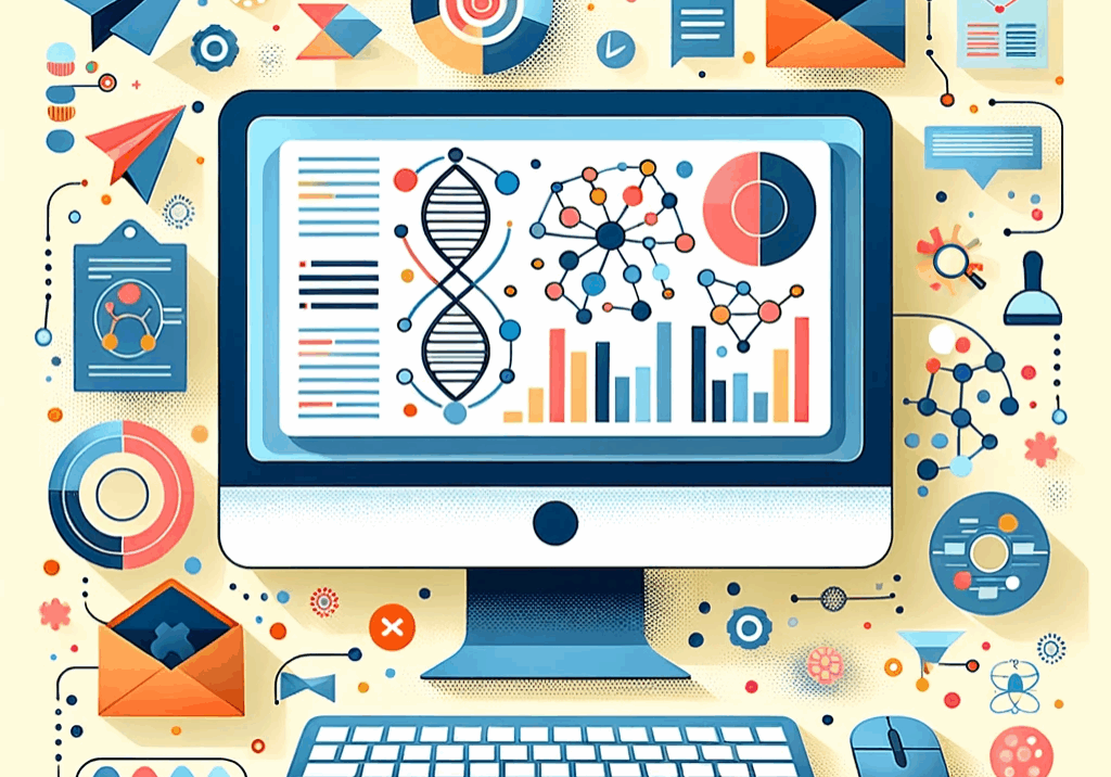 DALL·E 2023-10-31 18.26.35 - Illustration of a computer screen displaying visual elements related to computational biology and bioinformatics, entirely devoid of text. Around the newsletter
